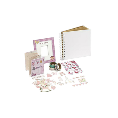 instax komplekts mazuļa pirmajai dzimšanas dienai, rozā (rāmītis, albums, uzlīmes un līmlentes)